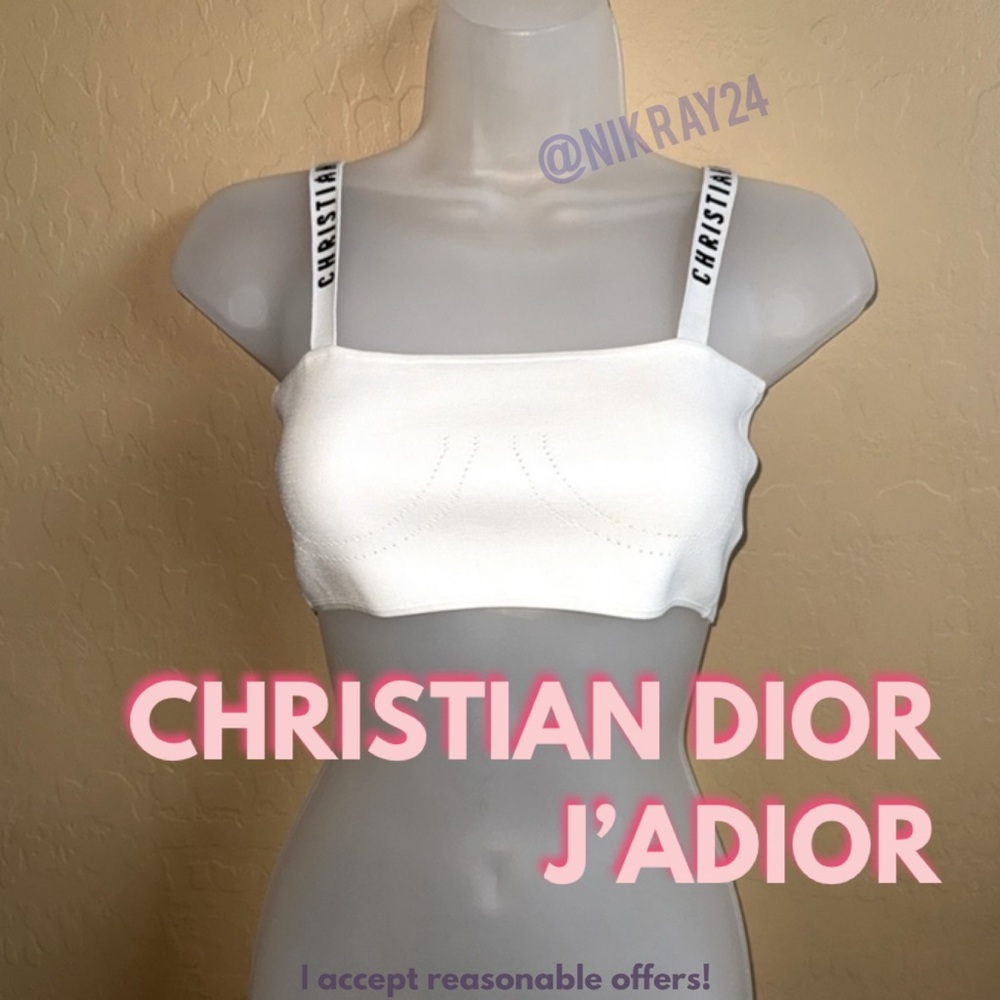 DIOR BRALETTE Christian Dior White Logo Strap Stretch Knit 36 *flaw/strap stitch